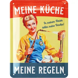 LANOLU Retro Blechschild Küche - Vintage Schild mit Spruch - MEINE KÜCHE MEINE REGELN - lustige Wanddeko Küche - Poster als Metallschild mit Stanzung 15x20 cm