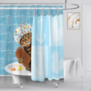 OCEUMACO Duschvorhang Katze Motiv 180x200 3D Funny Cat Lustig Ente Shower Curtains Textil Antischimmel Wasserdicht Kinder Duschvorhänge Badewanne Stoff Waschbar Lang Vorhang mit Ringe - Blau 3