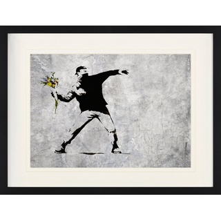 1art1 Bild mit Rahmen Banksy - Der Blumenwerfer, Graffiti Streetart 80 cm x 60 cm