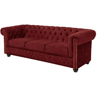 3-Sitzer Sofa CHESTERFIELD - 205cm - rot - Samt Holzfüße - Knopfheftung | Taschenfederkern, Ziernieten, englischer Stil, Rundum-Bezug, pflegeleicht