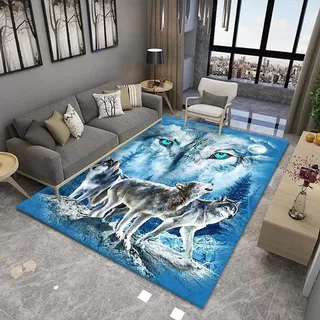 Xisnuient Teppich mit 3D-Tier Junge Mädchen Schlafzimmer Flanell Rug für Wohnzimmer Moderne rutschfeste Bodenmatte Kinder Baby Spielunterlage,Löwe Tiger Flamingo Gepard Wolf Druck (Blau,140x180 cm)