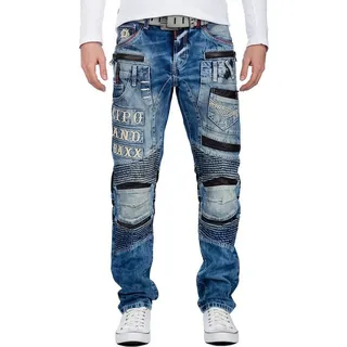 Cipo & Baxx Bikerjeans Herren straight fit Hose Stonewashed BA-CD637 mit Lederpatches und Nieten blau 29