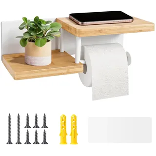 Toilettenpapierhalter aus Bambus mit Ablage & Aufbewahrung, Klopapierhalter ohne Bohren Selbstklebend oder Schrauben, Klorollenhalter aus Holz, WC-Papier Halterung/Holder, 10 kg Tragkraft, Weiß
