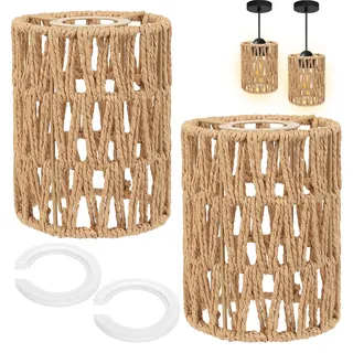 2 Stück Rattan Lampenschirm Hängelampe, Lampenschirm Boho Lampenschirme | für Hängelampen, H 15cm Lampshades, Korbgeflecht Lamp Shade, Papierlampenschirm für Tischlampe Stehlampe, mit 2 Adapterringe