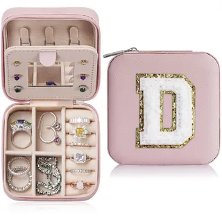 TINGN Mädchen Geschenke 9 Jahre - Schmuckkästchen Damen Reise Schmuckaufbewahrung Rosa Schmuckschatulle Buchstaben D Schmuckkästchen Kinder Personalisiert Geschenke für Frauen Mädchen Kinder
