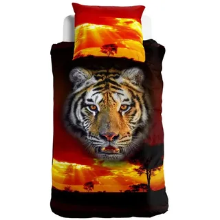ESPiCO Kinderbettwäsche Tiger Mystic, Renforcé, 2 teilig, Tiger, Afrika, Sonnenuntergang, Safari, Steppe, Savanne rot|schwarz