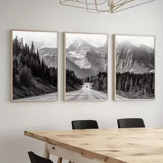 3er Premium Poster Set, Schwarz Weiß Berge Wald Bilder, Landschaft Leinwandbilder Kunst Wandposter, Bilder Wohnzimmer Ohne Rahmen Wandbilder (40x50cm)