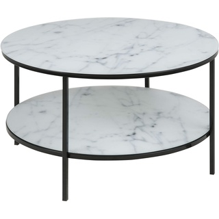 AC Design Furniture Antje Couchtisch Rund mit 1 Ablage aus Glas mit Marmoroptik in Weiß mit Metallbeine in Schwarz, Ø: 80 x H: 45 cm, Wohnzimmertisch Weiß und Schwarz, Sofatisch für das Wohnzimmer