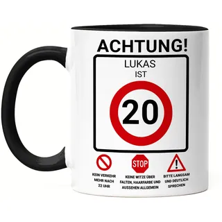 Kiddle-Design Tasse zum 20. Geburtstag Personalisiert, Verkehrsschild Geschwindigkeit 20, 20ter Geburtstag Lustiges Geschenk Mann Frau, Tasse Schwarz
