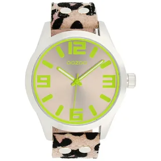 OOZOO Quarzuhr XXL Damenuhr C0902 – Taupe & Lemon – Animalprint-Lederband – 46 mm