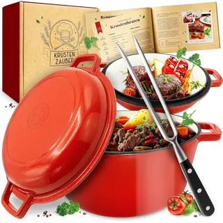 Krustenzauber Schmortopf Gusseisen Topf [inkl. Fleischgabel] -, (Robuster 26cm Gusseisen Bräter mit Deckel Backofengeeignet, Ideal als Schmortopf Induktion, Dutch Oven Set, Kazan, Cast Iron Pot)