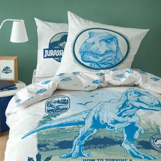 Jurassic World Encounter Bettwäsche-Set für Kinderbett, 140 x 200 cm, Bettbezug für Einzelbett, 140 x 200 cm, 1 Kissenbezug 63 x 63 cm, bedruckt, 100 % Baumwolle, Oeko-Tex, Himmelblau / Weiß