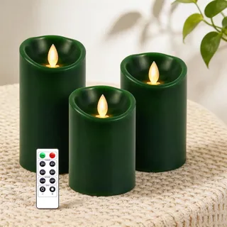 AiiBowy Led Kerzen [3er Set] Flammenlose Echtwachs Flackernde Dimmbar mit Fernbedienung Weihnachtskerzen led kerzen adventskranz 4"/5"/6” Tischdeko, Halloween, Weihnachten, Hochzeit, Party (Grün)