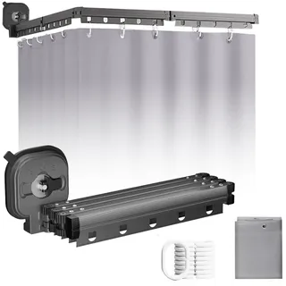 Faltbare Duschvorhangstange 126 cm mit Duschvorhang 120×200 cm – 3-fach klappbar, L-/U-Form, Montage ohne Bohren, Eck-Duschstange für Badezimmer (Saugnaspektstil)