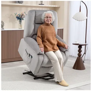 HOMCOM Relaxsessel Aufstehhilfe Elektrisch Fußteil Samtoptik (Massagesessel mit Liegefunktion, Wärme- und Massagefunktion, 1-St., TV Sessel mit Taschenfederkernsystem), Fernbedienung, Seitentasche, Hellgrau grau 90 cm x 143 cm x 93 cm