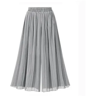 LIUYUYOUGO Hosen Damen, Chiffon-Hose Mit Weitem Bein Einfarbig Plissiert Elastisch Hohe Taille Palazzo-Hose Sommer Locker Geschnittene Hose Gerade Beinhose Fließende Culottes-Hose Hellgrau 3XL - 3XL