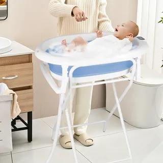 Faltbare Babybadewanne XXL mit Ständer, Sitz und Entwässerungssystem, 0-3 Jahre, 2-in-1-Babywanne auf Fuß, platzsparend (blau mit Ständer, 81 x 47 x 90 cm)