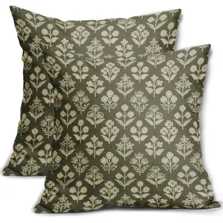 Set Mit 2 Rustikalen Dekokissenbezügen Mit Vintage-blumenmuster Für Outdoor, Landhausstil, Frühling, Sommer, Sofa, Bett, 45,7 X 45,7 Cm, Olivgrün