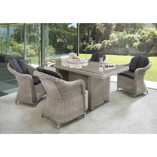 Destiny Garten-Essgruppe MALAGA LUNA, Polyrattan, 4 Sessel + Tisch 165x90x75cm, inkl. Auflagen weiß