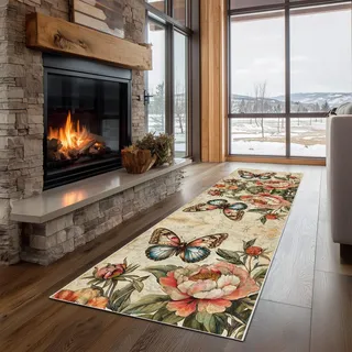 Teppich Läufer Flur Barock Schmetterling Rutschfest und Waschbar Vintage | Pfingstrose Küchenläufer lang für die Küche Blumenpflanzen Blume Flurteppich auch als Bettvorleger für Schlafzimmer 60x150 cm