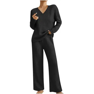 Schlafanzug Damen Lang Gerippt Hausanzug Kuschelig Einfarbig Pyjama Set Elegant Langarm Nachtwäsche Zweiteiler Weich Strickanzug Loungewear für Herbst Winter - XXL