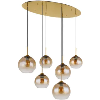 Pendellampe Hängelampe Esstischleuchte 6 flammig Glaskugel amber Wohnzimmerlampe messing, 1x E27, LxBxH 97,5x40x150 cm