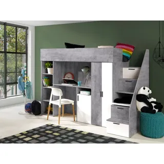 Kinderbett KON14, mit Schreibtisch, Kleiderschrank,Schubladen und Regale. Treppe beidseitig montierbar. Farbe Betonoptik/Weiß