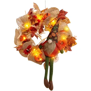 Türkranz Herbst, Herbstkranz für Haustür, Herbstdeko Wichtel Kranz mit LED Licht, Künstliche Ahornblatt Wichtel Türkranz Deko Kürbis Sonnenblume Hängende Herbst Deko Kranz für Halloween Erntedank (C)