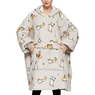 KFUBUO Tragbare Decke Hoodie für Erwachsene Sherpa Alle Muster Katze Übergroße Sweatshirt Decke mit Taschen für Frauen