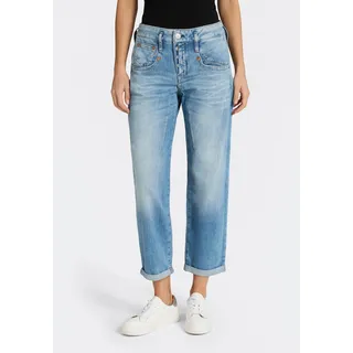 Boyfriend-Jeans HERRLICHER "Shyra Tap Denim Stretch", Damen, Gr. 27, N-Gr, blasted, Denim/Jeans, Obermaterial: 98% Baumwolle, 2% Elasthan, 7/8-Länge, Jeans, mit halb verdeckter Knopfleiste, High Waist