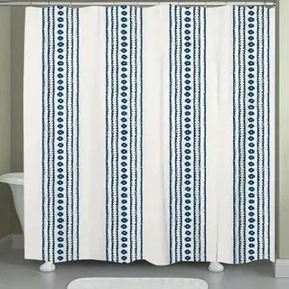 AUWUUA Blauer, gestreifter Duschvorhang mit Blumenmuster, 175 x 240 cm (B x H), Boho-Stil, indisch-exotisch-schick, wasserdichtes Polyestergewebe mit Haken für Zuhause, Spa und Hotel