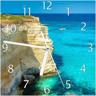 Wallario Design Wanduhr Steilküste am Meer aus Echtglas, Größe 20 x 20 cm - Türkis