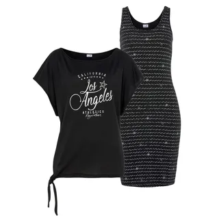 Jerseykleid KANGAROOS Gr. 48/50 (XL), N-Gr, schwarz Damen Kleider Strandkleider im Set mit oversize Shirt zum Knoten Bestseller