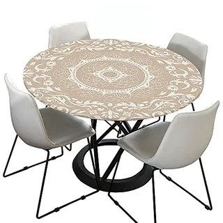 Morbuy Rund Tischdecke Elastisch, Jacquard Rund Tischdecken Wasserdicht Lotuseffekt Abwaschbar Abwischbar Tischtuch für Dekoration Küchentisch Garten Outdoor (Durchmesser 150cm,Beige)