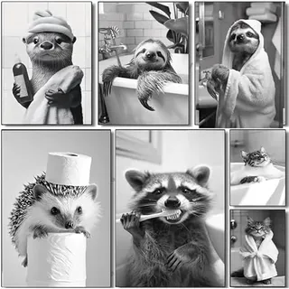 BeiYiHo Bilder Badezimmer Tiere Schwarz Weiß Poster Lustige Tiere Bild Toilette Tier Witzige Bilder für Gäste WC Wandbild Deko Kunstdruck Bad Leinwand Modern