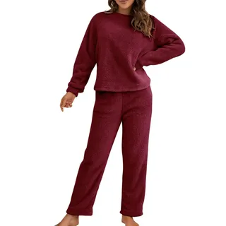 Schlafanzug Pyjama,Damen Winter Warme Fleece Schlafanzug Flauschig Rundhals Sweatshirt Oberteile Einfarbig Plüsche Hose Pyjamas Set,Schlafen Nachtwäsche Zweiteilig mit Taschen,Winter Warm Anzug Set