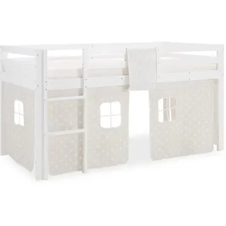 Homestyle4u Hochbett 90 x 200 cm Kiefer massiv lackiert weiß grau mit Vorhang Sterne