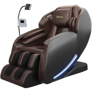 Real Relax 2026 Massagesessel Ganzkörper, Zero Gravity SL-Track Shiatsu-Massage-Liegesessel mit Telefon-Controller und Halterung, Kindersicherung, Pause-Taste und LED-Beleuchtung, Favor-06, Braun