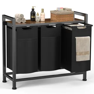 Sweetcrispy Wäschekorb mit Rollen, Wäschesammler 3 Fächer, 120 L, Schwarz | mit Ablage, abnehmbare Wäschesäcke, Wäschewagen für Waschküche/Bad