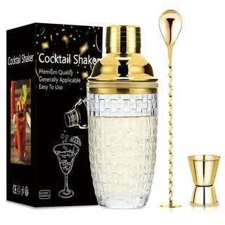400 ml Glas-Cocktailshaker 3 Stück, Auslaufsicherer Mixer mit Edelstahldeckel für Hausbar, Cocktail-Liebhaber, Haus, Bar, Gemischte Früchte (Gold)