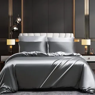 Luofanfei Satin Bettwäsche 135x200 Grau Hellgrau Glanzsatin Seide Kühlende Wendebettwäsche Sommer Glänzend Glatt Glanzs Uni Muster Luxus Bettbezug 135 200 Einzelbett mit Reissverschluss