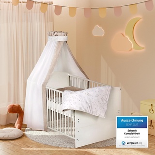 Schardt - Baby Komplettbett 70x140cm - Classic White Origami Beige - mitwachsendes Gitterbett aus Massivholz - 3 Teilig inkl. Matratze, Himmelstange und Textil-Set - höhenverstellbar und umbaubar