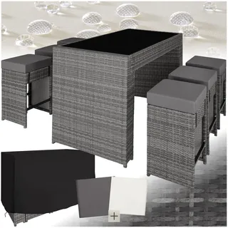 tectake® Bartisch mit Barhocker Set, Polyrattan Gartenbar Set mit Bartisch und 6 Barhocker mit weichen Sitzpolstern, Gartenmöbel Set inkl. Schutzhülle, ideal für Garten, Balkon, Terrasse - grau