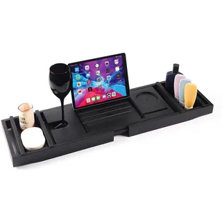 Badewannenablage Bambus Holz Badewannentablett Ausziehbares 75-115cm rutschfeste Wannenablage Passend für die meisten Badewannen - Hält Buch, iPad, Telefon, Glas, Kerze (Schwarz)