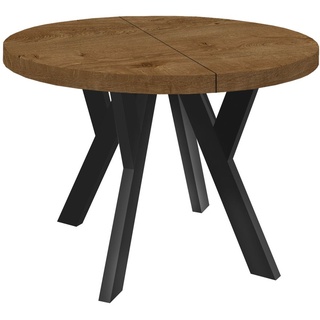 Runder Ausziehbarer Tisch für Esszimmer, PERO, Loft-Stil, Skandinavische, Durchmesser: 110 / 160 cm, Farbe: Eiche Lefkas / Schwarz