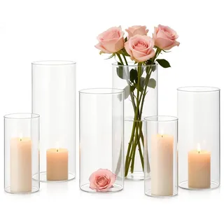 6er Set Zylindervasen aus klarem Glas für Blumen und Kerzen bei Veranstaltungen und Feiern