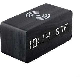 Digitaler Wecker aus Holz mit kabellosem Ladegerät, LED-Anzeige für Uhrzeit, Temperatur, Datum, 5 W Ladepad, USB- oder batteriebetrieben, automatisches Dimmen, moderne Dekoration für Schlafzimmer