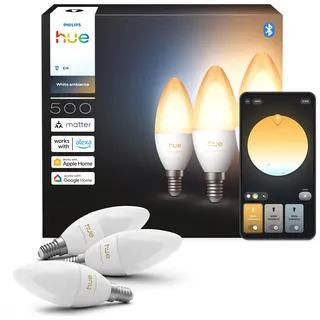 Philips Hue Smart LED-Kerzenlampe, B39, E14, 3er Pack, White Ambiance, Vollspektrumlicht 1.000 K–20.000 K, 500 lm, Extrem Niedrig Dimmbar, Alexa, Google Home, Apple Home