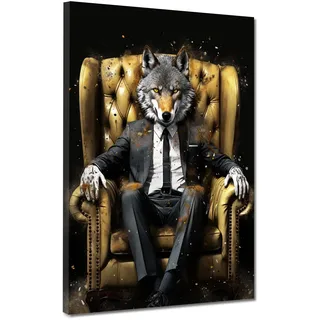 Lifestyle Wolf im Anzug Tier Leinwandbild Wandbild Kunst XL Deko Größe 75x100x4cm