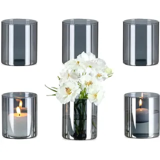 Glasseam Glasvase Zylinder Grau für Tischdeko: 6er Vase Glas für Kerzen | Glaszylinder Kerzenhalter, Rauchglas Windlicht, Vasen Set für Blumen Tulpen, Wohnzimmer, Küche, Esstisch Deko, 10 x 8,5cm